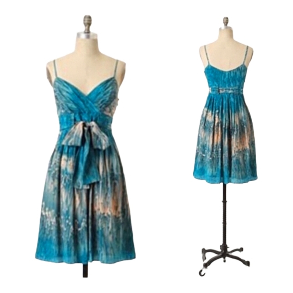 Anthropologie Teal Blue Tie-Waist Mini Dress